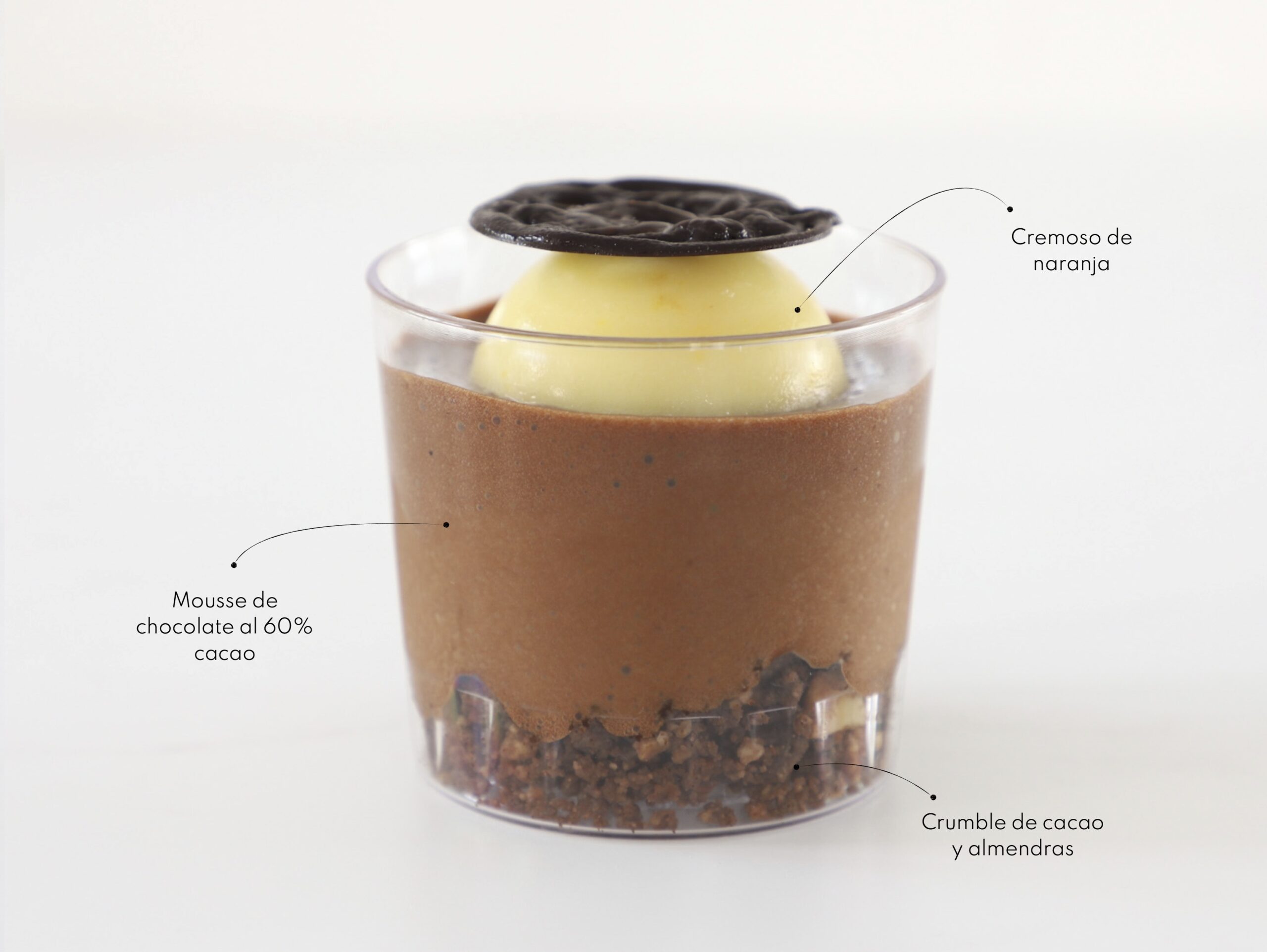 CHOCOLATE Y NARANJA<br><span style="font-family: 'Spartan', sans-serif;font-size:13px;"><p>Mousse de chocolate al 60% cacao · Cremoso de naranja · Crumble de cacao y almendras...</p><b></b></span>