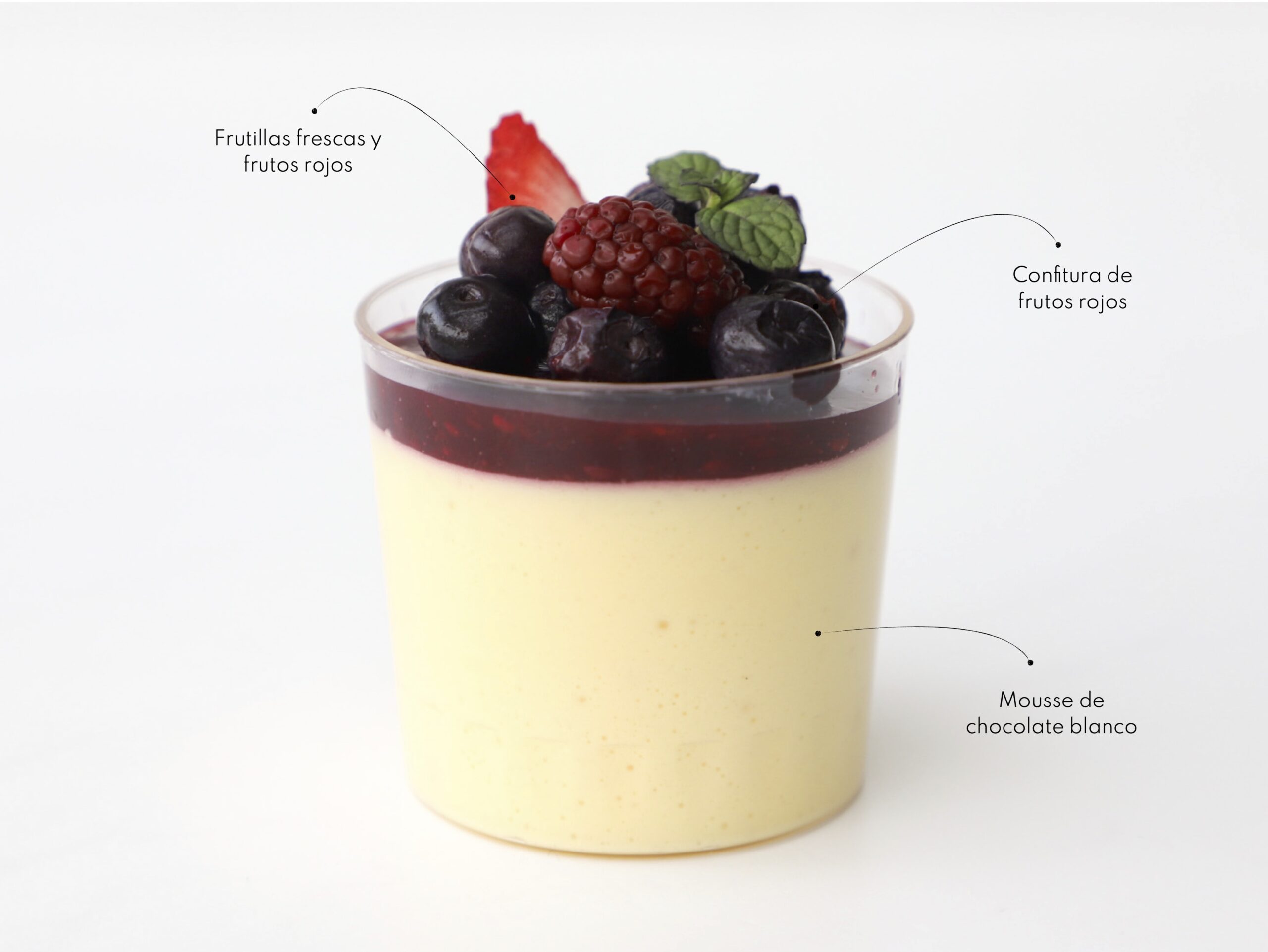 CHOCOLATE BLANCO Y FRUTOS ROJOS <br><span style="font-family: 'Spartan', sans-serif;font-size:13px;"><p>Mousse de chocolate blanco · Confitura de frutos rojos · Frutillas frescas y frutos rojos...</p><b>(No contiene harina, pero no es libre de gluten.) </b></span>