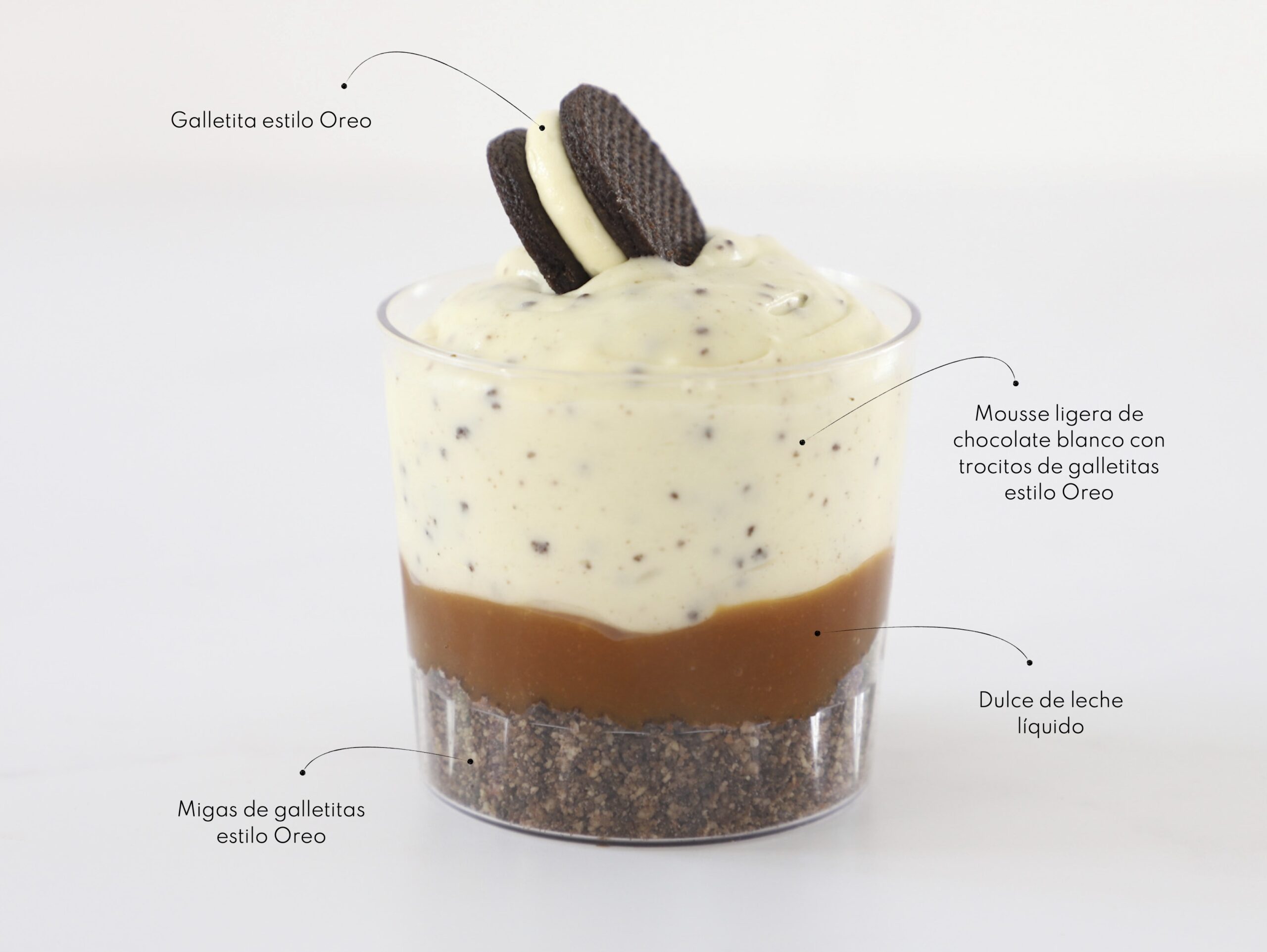 COOKIES AND CREAM <br><span style="font-family: 'Spartan', sans-serif;font-size:13px;"><p>Mousse ligera de chocolate blanco y vainilla con trocitos de galletitas estilo Oreo · Dulce de leche líquido · Migas de galletitas estilo Oreo · Mini galletita estilo Oreo...</p><b> </b></span>