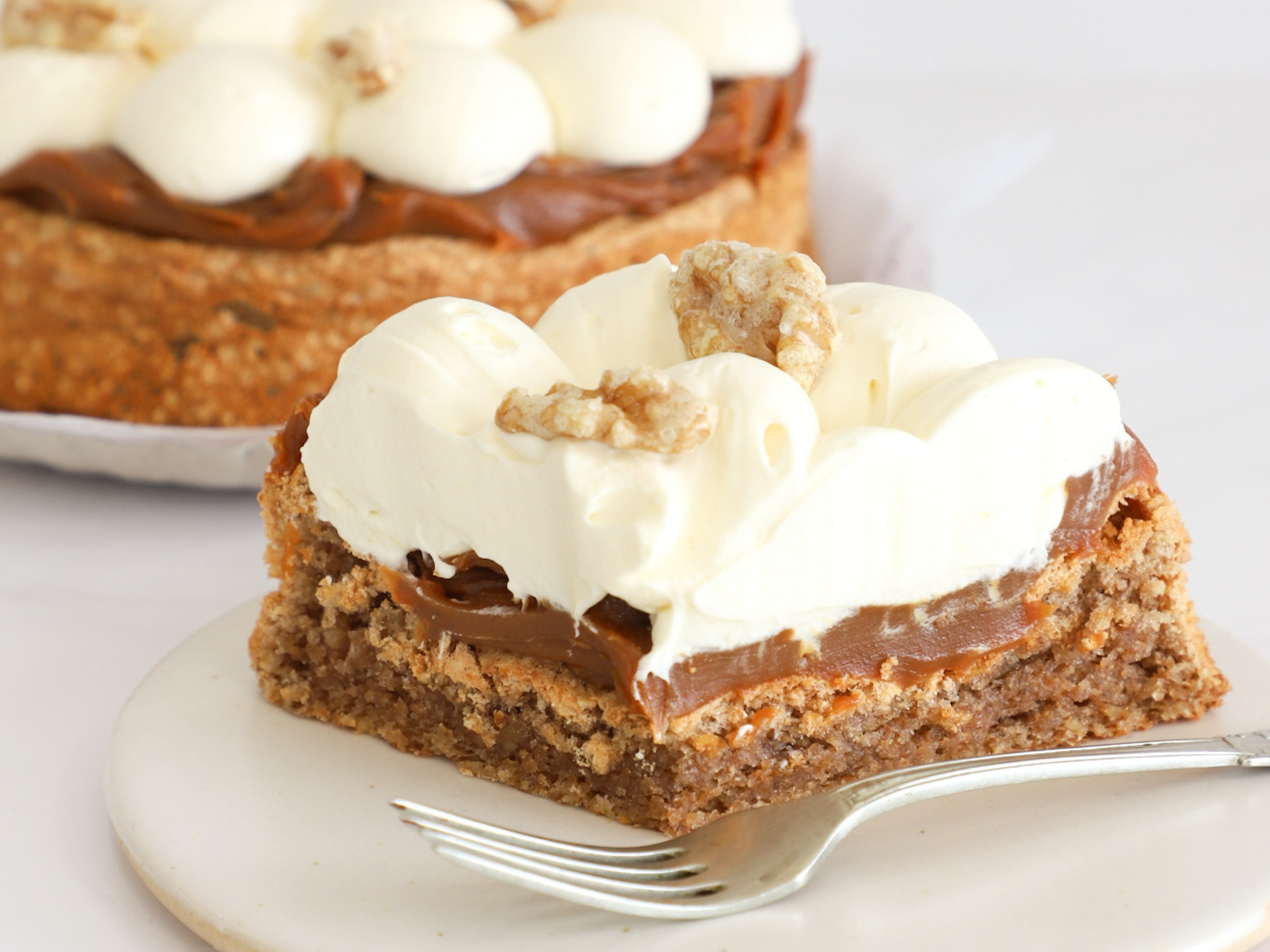 TORTA DE NUEZ SIN HARINA <br><span style="font-family: 'Spartan', sans-serif;font-size:13px;"><p>Torta de nuez sin harina · Dulce de leche · Crema batida...</p><b>$38.000 </b>(No contiene harina, pero no es libre de gluten.)</span>